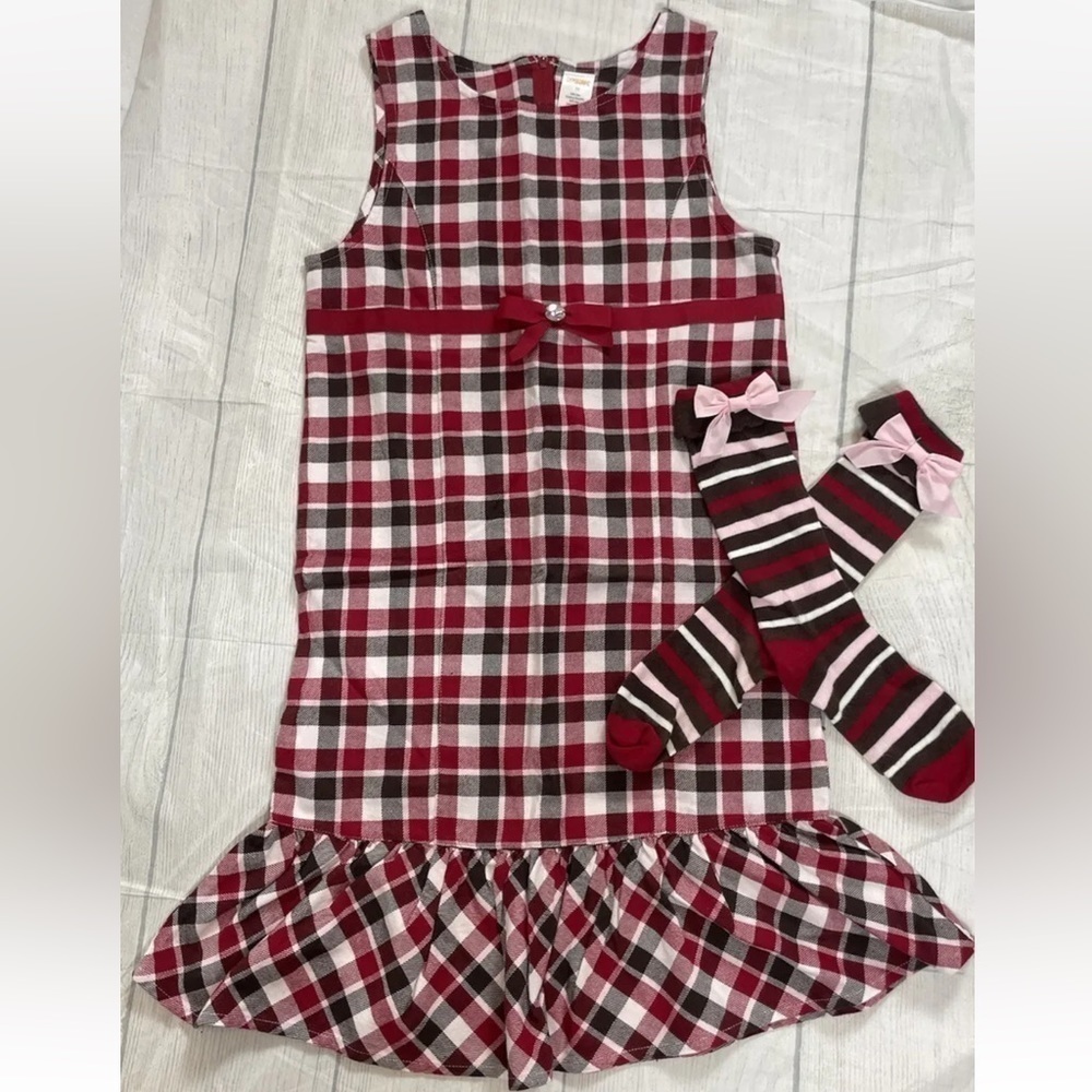 GYMBOREE "Holiday Traditions" Plaid Red Brown Cream Bow Dress‎ & Socks Girls 12